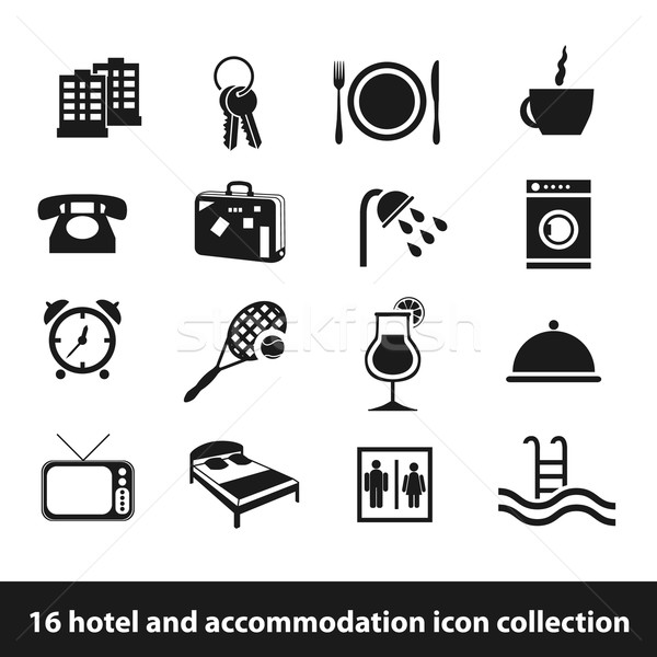 Hotel mieszkanie ikona 16 ikona kolekcja Zdjęcia stock © glorcza
