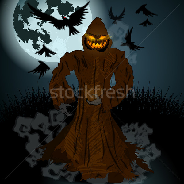 Halloween illustration with Jack O'Lantern, full Moon and crows Stock photo © glyph