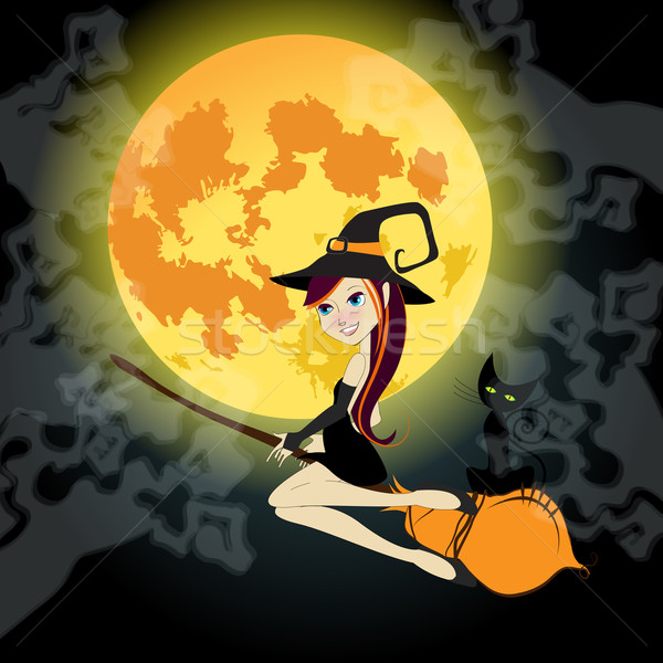 Cute Halloween witch with black cat flying in front of a full Mo Stock photo © glyph