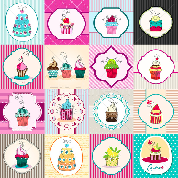 Stock photo: Set of cute retro cupcake cards