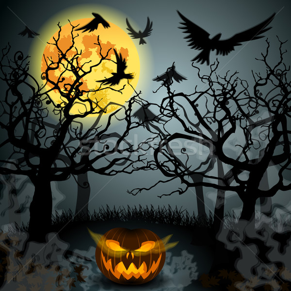 Halloween ilustrare vector luna plina pădure lumina Imagine de stoc © glyph