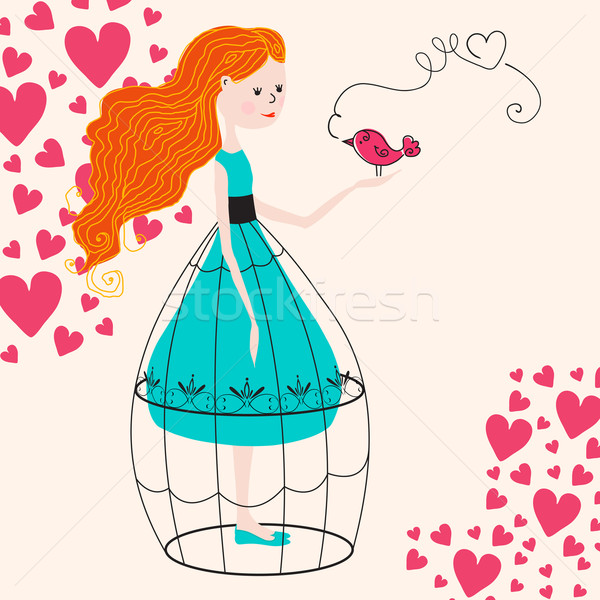 Illustration of a cute girl and bird Stock photo © glyph