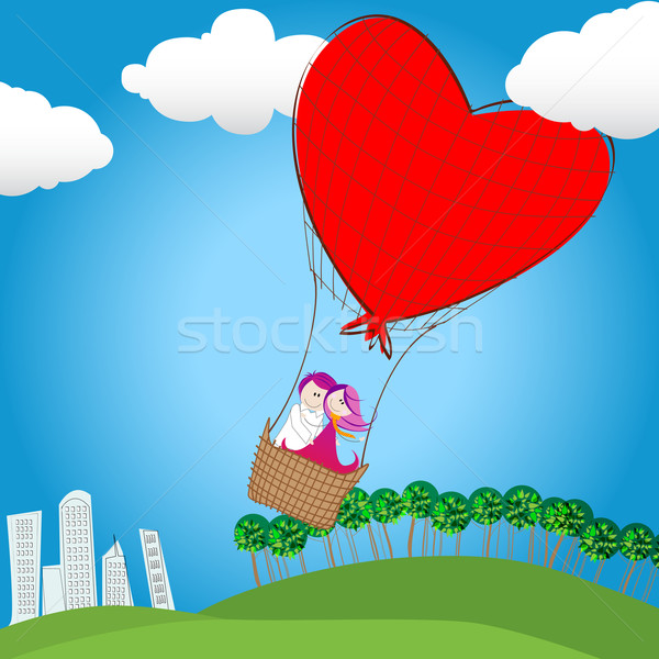 Drăguţ cuplu dragoste care zboară departe balon cu aer cald Imagine de stoc © glyph