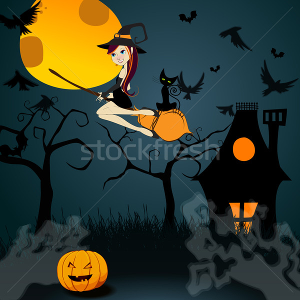 Cute Halloween witch with black cat flying in front of a full Mo Stock photo © glyph