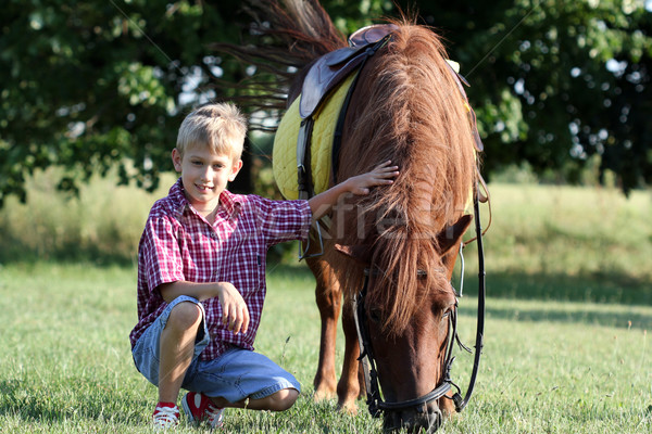 Vidám fiú póni ló gyermek mező zöld Stock fotó © goce