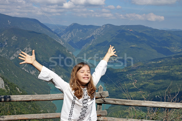 happy little girl with hands up on mountain  Stock photo © goce