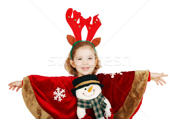 Stock foto: Kleines · Mädchen · Schneemann · Kleid · bereit · Weihnachten · Kind