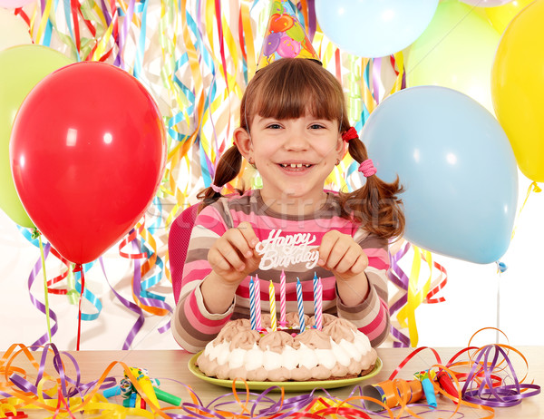 happy little girl with cake and balloons birthday party Stock photo © goce