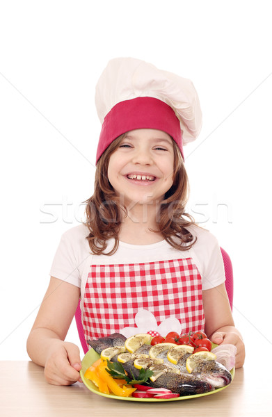 快樂 小女孩 煮 鱒魚 魚 女孩 商業照片 © goce