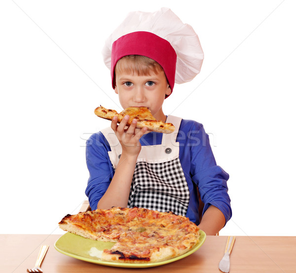 Foto stock: Faminto · menino · chef · comer · pizza · crianças