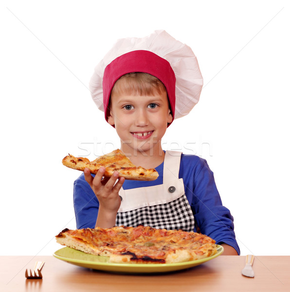 hungry boy chef eat pizza on white  Stock photo © goce