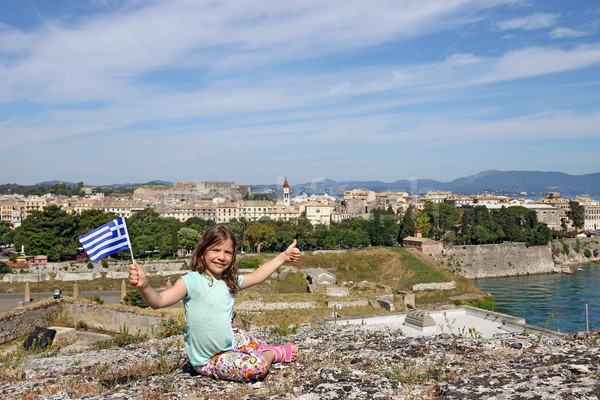 little girl with Greek flag and thumb up Corfu town Greece Stock photo © goce