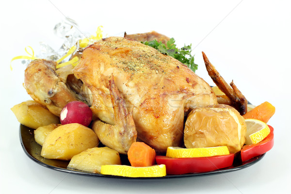 Foto stock: Frango · grelhado · legumes · fruto · maçã · limão · branco