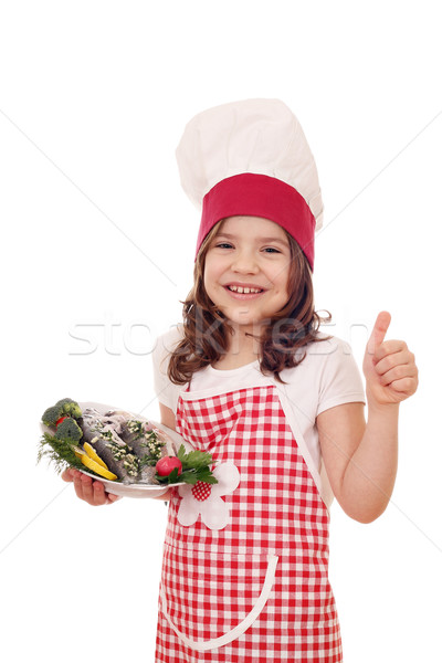 Boldog kislány szakács pisztráng hal hüvelykujj Stock fotó © goce