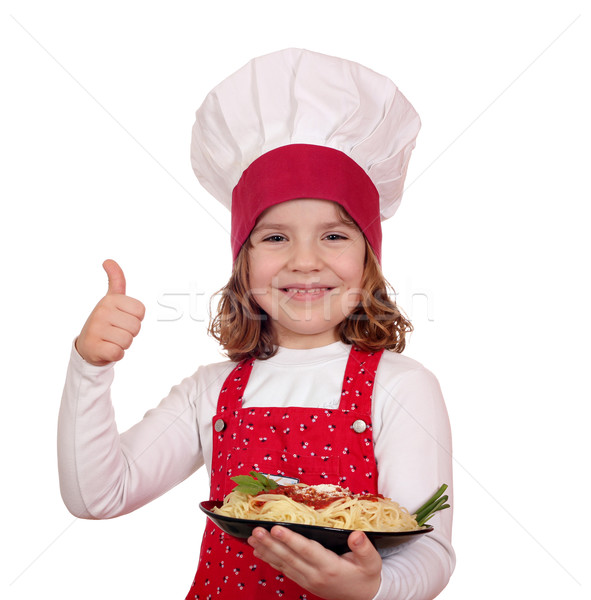 Foto stock: Feliz · nina · cocinar · espaguetis · pulgar · hasta