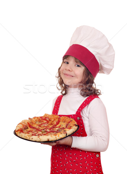 Foto stock: Feliz · little · girl · cozinhar · pizza · prato · menina
