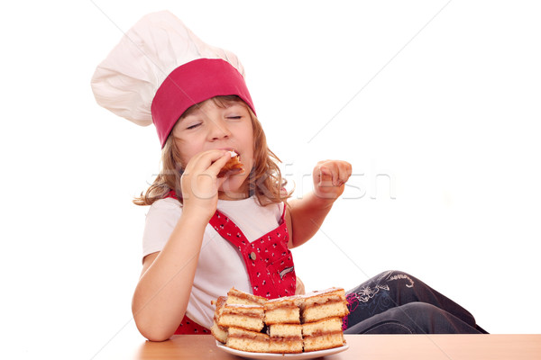 Stockfoto: Hongerig · meisje · kok · eten · appel · cake