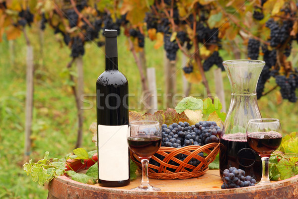 Red wine and grape on wooden barrel in vineyard  Stock photo © goce