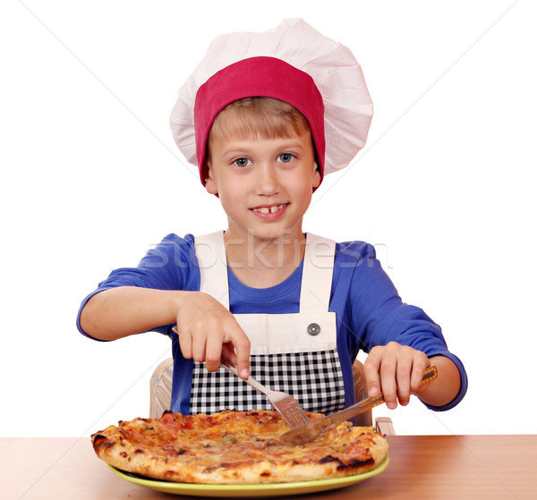 [[stock_photo]]: Chef · manger · pizza · enfants · plaque