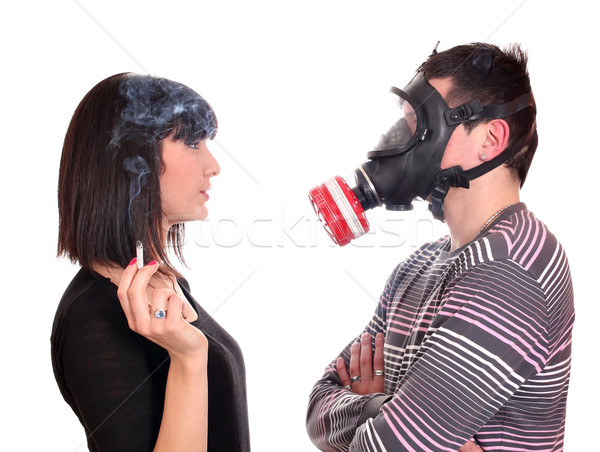 Foto stock: Hombre · máscara · de · gas · tabaco · humo · mujer · salud