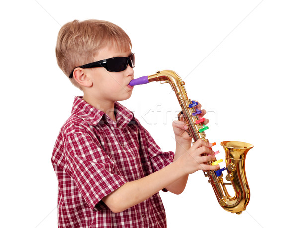 Junge Sonnenbrillen spielen Saxophon Musik glücklich Stock foto © goce
