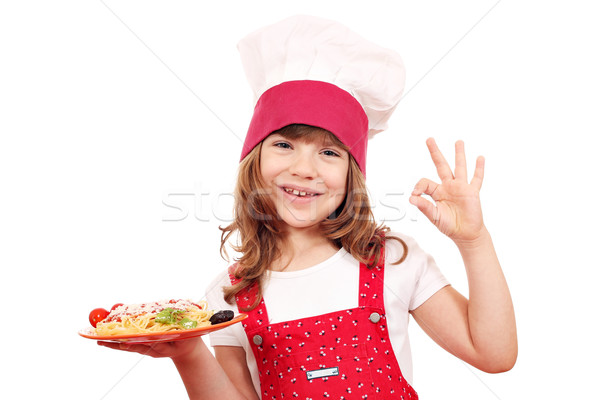 Stock photo: happy little girl cook with spaghetti and ok hand sign