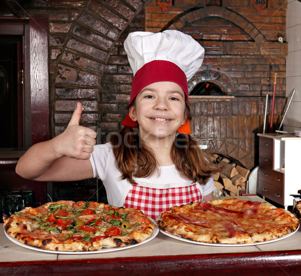 happy little girl cook with pizza and thumb up Stock photo © goce