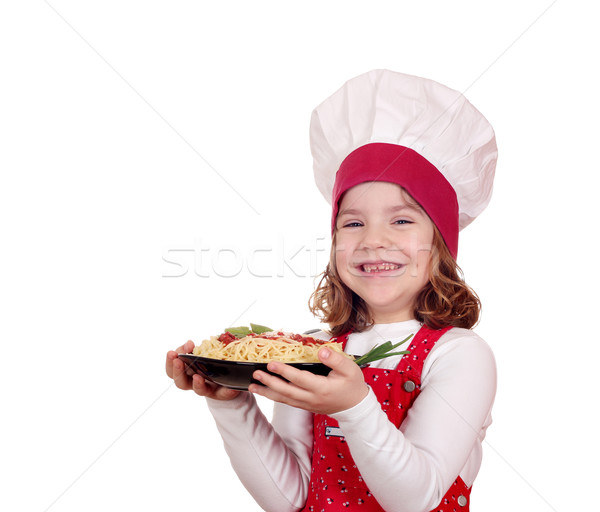 Foto stock: Feliz · little · girl · cozinhar · espaguete · branco · crianças
