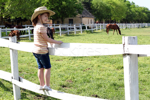 little girl with cowboy hat standing on corral and watching hors Stock photo © goce