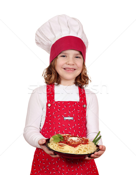 Foto stock: Feliz · nina · cocinar · espaguetis · blanco · sonrisa