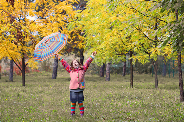 happy little girl with hands up and umbrella in park autumn seas Stock photo © goce