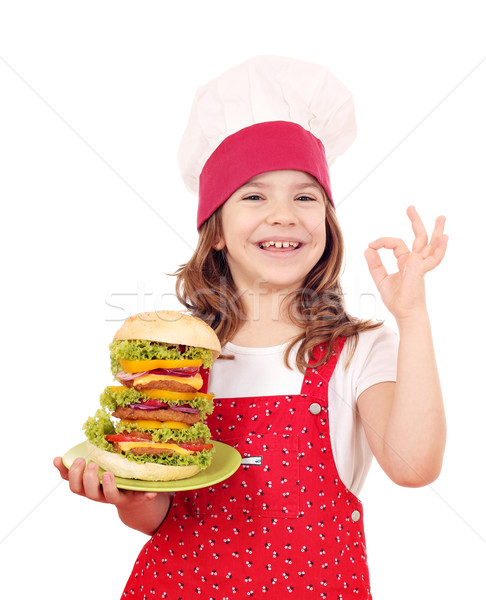 Сток-фото: счастливым · девочку · Кука · большой · гамбургер · вызывать