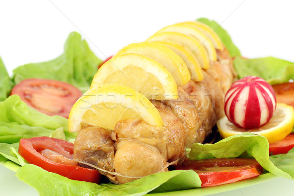 Tekert tyúk hús zöldségek gyümölcs vacsora Stock fotó © goce