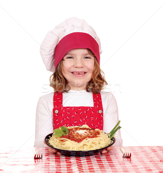 Foto stock: Feliz · nina · cocinar · espaguetis · mesa · ninos