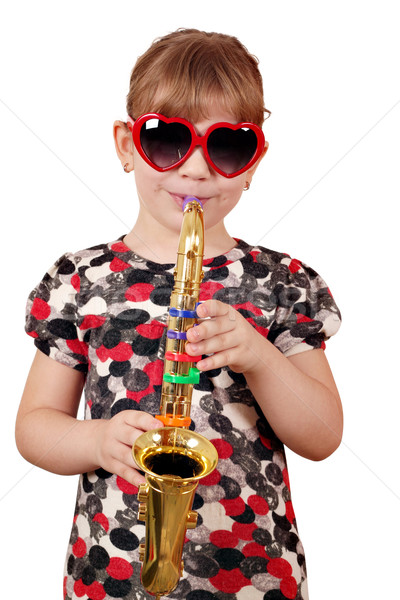 Stock foto: Kleines · Mädchen · spielen · Musik · Saxophon · glücklich · Kind