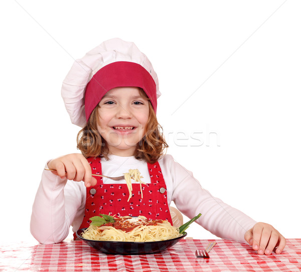 Foto stock: Feliz · nina · cocinar · comer · espaguetis · sonrisa