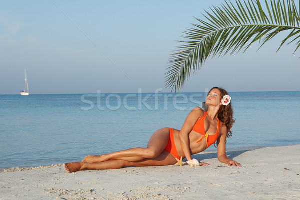 Stock fotó: Bikini · nő · tengerpart · nyári · vakáció · nyár · homok