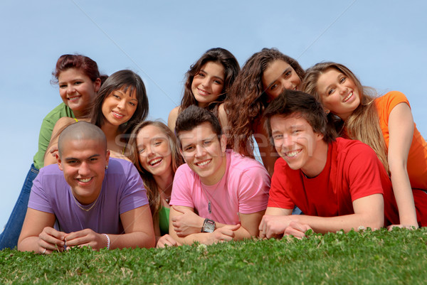 Grupy nastolatków niebo trawy znajomych Zdjęcia stock © godfer