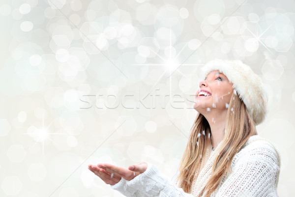 Weihnachten Urlaub Frau Schnee glücklich Stock foto © godfer