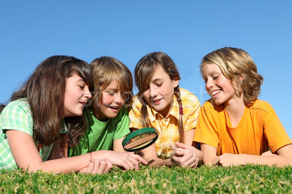 Kinderen zomerkamp spelen vergrootglas jonge tieners Stockfoto © godfer