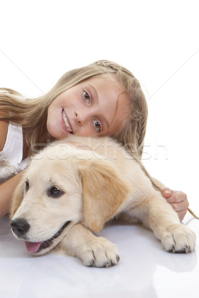 Jóvenes nino familia mascota perro golden retriever Foto stock © godfer