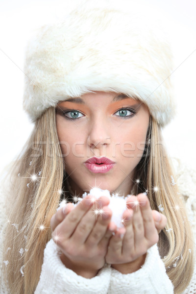 Gyönyörű lány fúj karácsony új év kívánságok nő Stock fotó © godfer