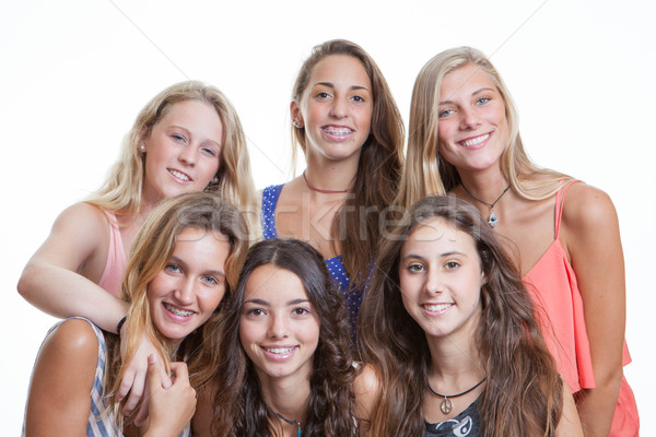 Foto stock: Adolescentes · perfeito · dentes · suspensórios · sorrir · mulheres