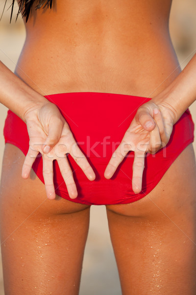 Röplabda jel játékos felirat lány bikini Stock fotó © godfer