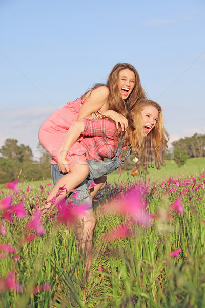 Foto d'archivio: Estate · piggyback · divertimento · fiori · salute · amici