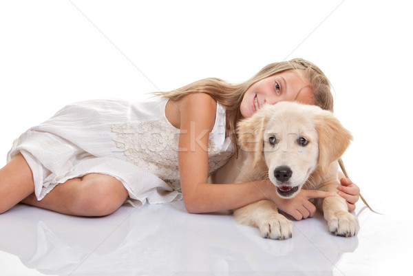 child hugging pet puppy dog Stock photo © godfer