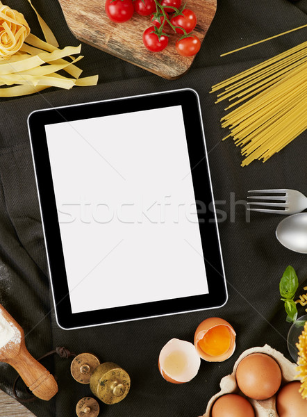 Stockfoto: Digitale · tablet · ingrediënten · pasta · exemplaar · ruimte · voedsel