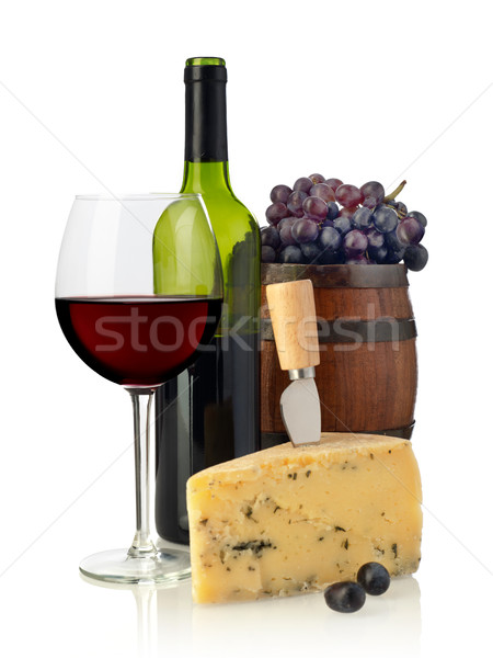 Stock foto: Rotwein · Käse · Barrel · Trauben · isoliert · weiß