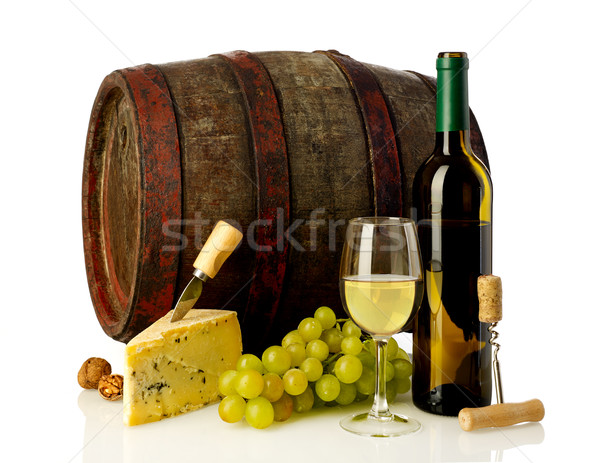 [[stock_photo]]: Vin · fromages · raisins · baril · vin · blanc · isolé