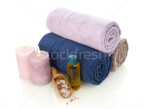 Stockfoto: Handdoeken · kaarsen · olie · geïsoleerd · witte